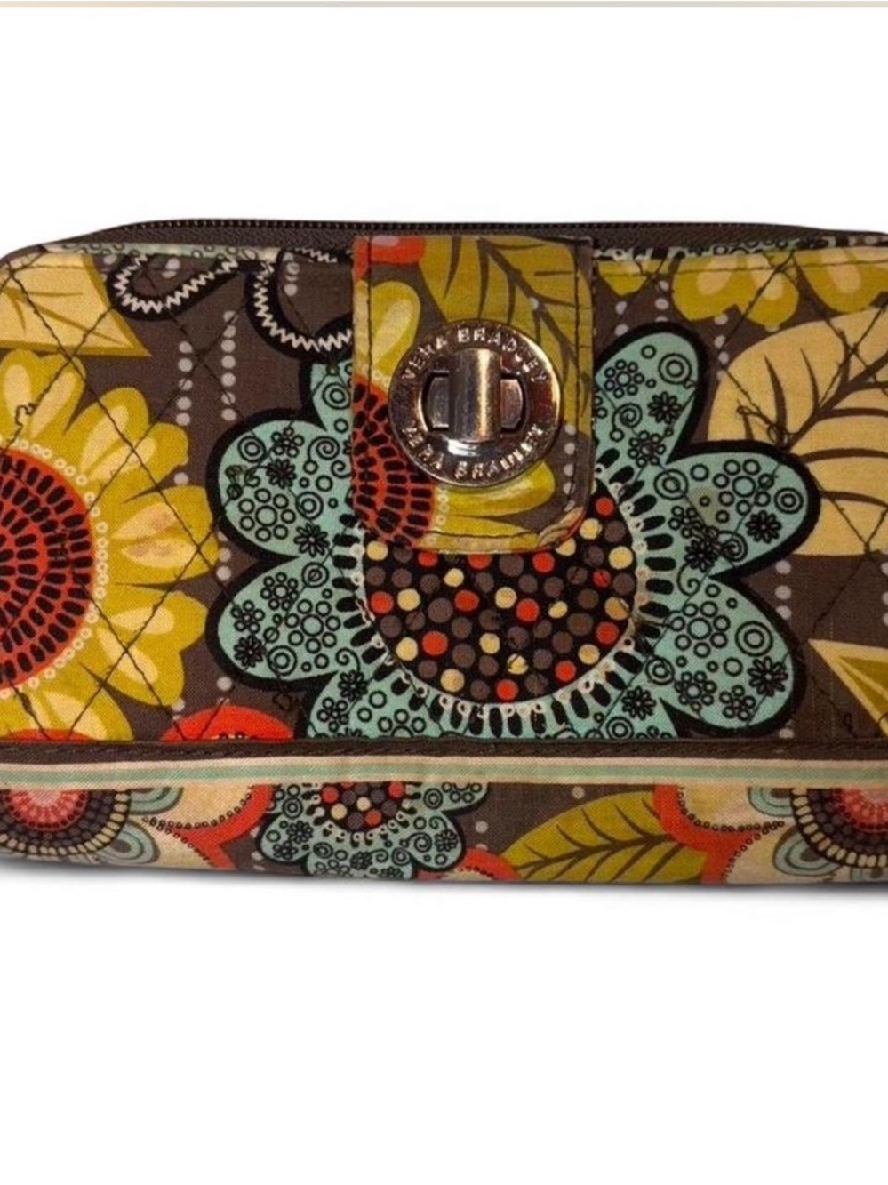 Vera Bradley Multicolor Floral Turnlock Wallet in Yellow, Mint Brown